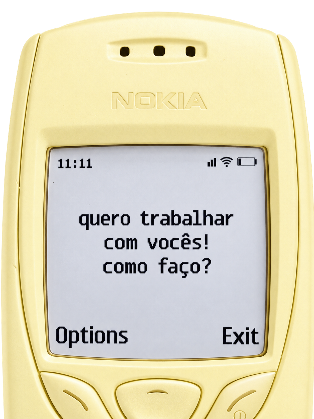Celular vintage amarelo manteiga com a mensagem: quero trabalhar com vocês! como faço?
